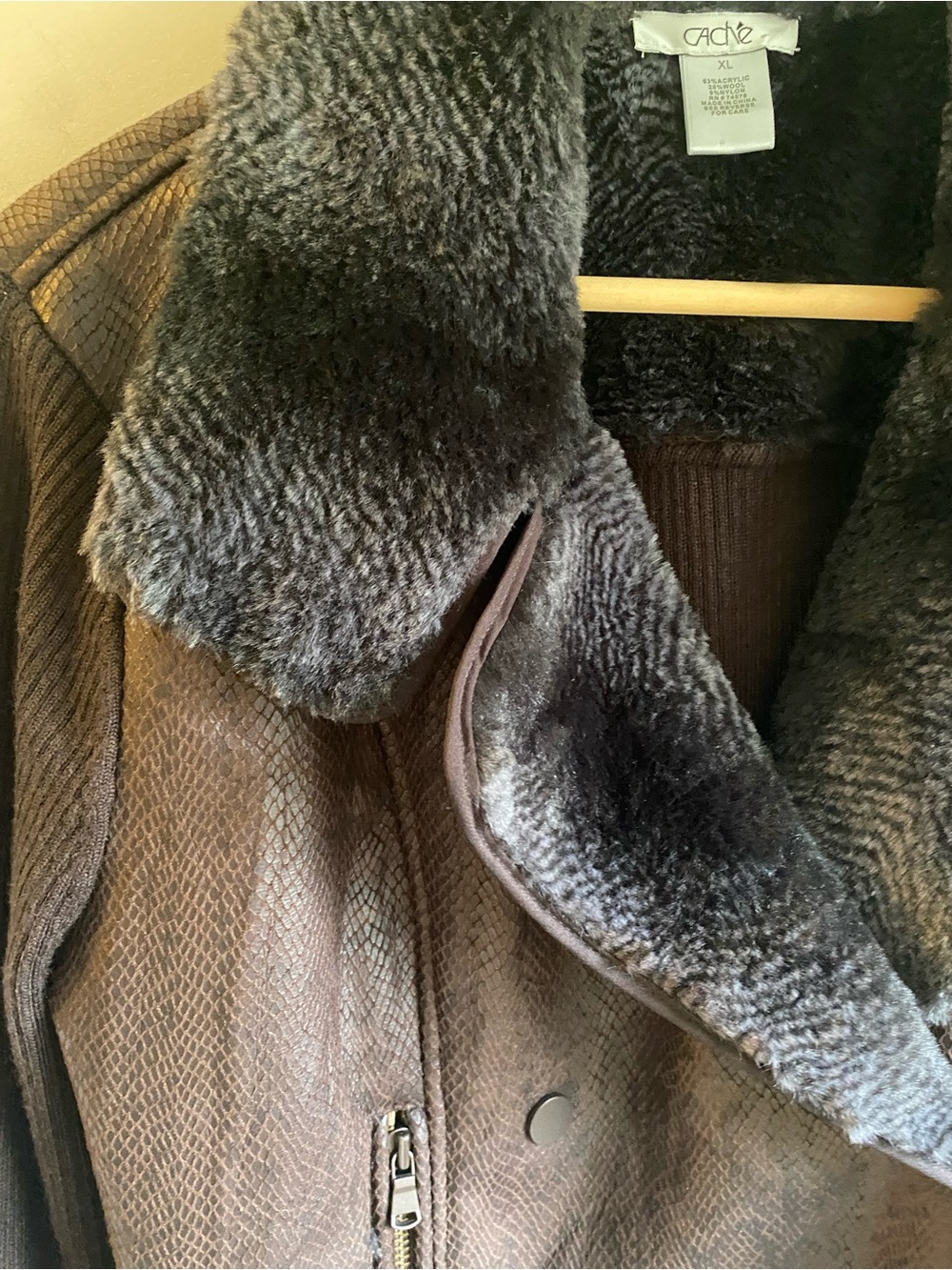 Cache Brown Snakeskin Print Knit Jacket Faux Fur Trim - Picture 3 of 8